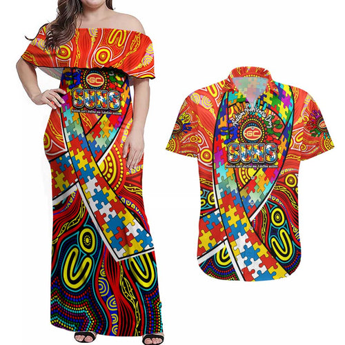 Autism Awareness Australia Gold Coast Suns Couples Matching Off Shoulder Maxi Dress and Hawaiian Shirt Aboriginal Indigenous Art