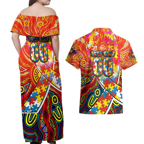 Autism Awareness Australia Gold Coast Suns Couples Matching Off Shoulder Maxi Dress and Hawaiian Shirt Aboriginal Indigenous Art