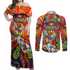 Autism Awareness Australia Gold Coast Suns Couples Matching Off Shoulder Maxi Dress and Long Sleeve Button Shirt Aboriginal Indigenous Art