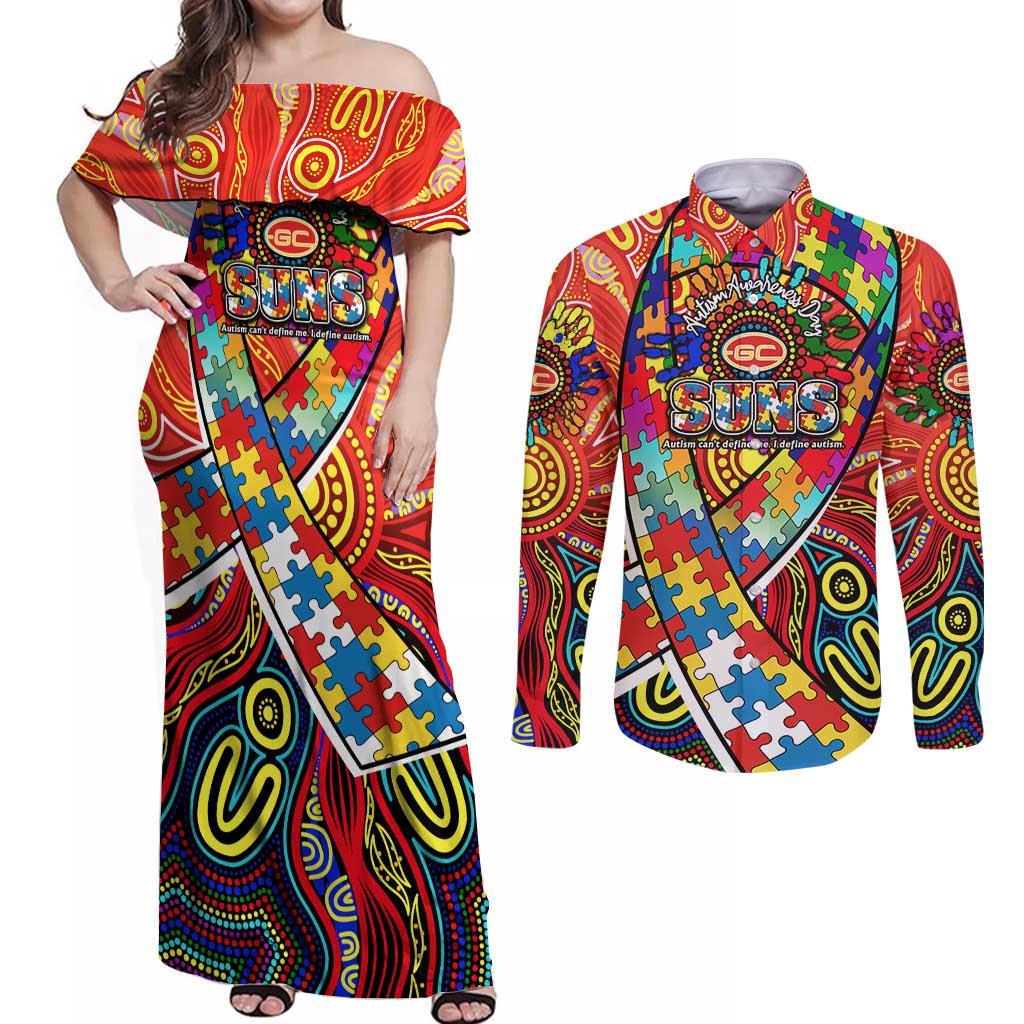 Autism Awareness Australia Gold Coast Suns Couples Matching Off Shoulder Maxi Dress and Long Sleeve Button Shirt Aboriginal Indigenous Art