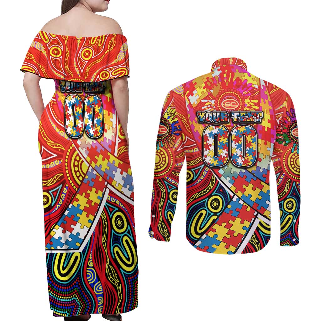 Autism Awareness Australia Gold Coast Suns Couples Matching Off Shoulder Maxi Dress and Long Sleeve Button Shirt Aboriginal Indigenous Art