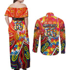Autism Awareness Australia Gold Coast Suns Couples Matching Off Shoulder Maxi Dress and Long Sleeve Button Shirt Aboriginal Indigenous Art