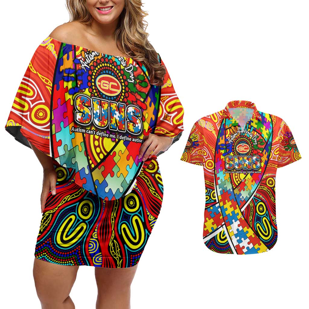 Autism Awareness Australia Gold Coast Suns Couples Matching Off Shoulder Short Dress and Hawaiian Shirt Aboriginal Indigenous Art