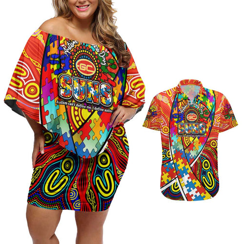 Autism Awareness Australia Gold Coast Suns Couples Matching Off Shoulder Short Dress and Hawaiian Shirt Aboriginal Indigenous Art