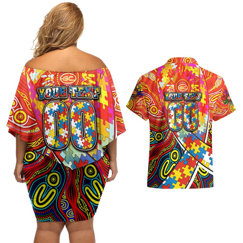Autism Awareness Australia Gold Coast Suns Couples Matching Off Shoulder Short Dress and Hawaiian Shirt Aboriginal Indigenous Art