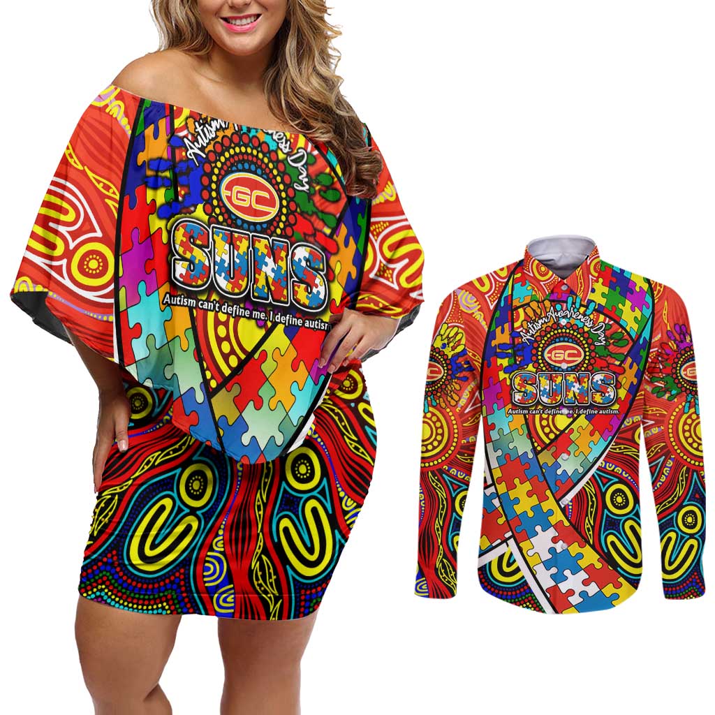 Autism Awareness Australia Gold Coast Suns Couples Matching Off Shoulder Short Dress and Long Sleeve Button Shirt Aboriginal Indigenous Art