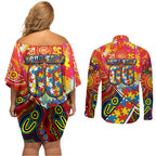 Autism Awareness Australia Gold Coast Suns Couples Matching Off Shoulder Short Dress and Long Sleeve Button Shirt Aboriginal Indigenous Art
