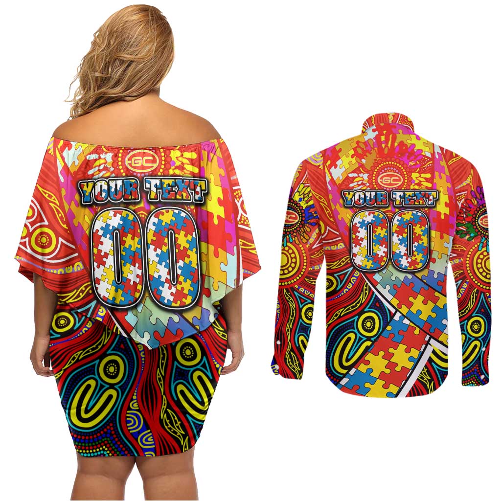 Autism Awareness Australia Gold Coast Suns Couples Matching Off Shoulder Short Dress and Long Sleeve Button Shirt Aboriginal Indigenous Art