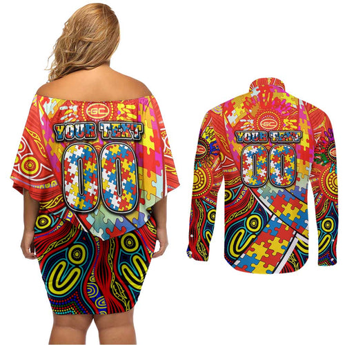 Autism Awareness Australia Gold Coast Suns Couples Matching Off Shoulder Short Dress and Long Sleeve Button Shirt Aboriginal Indigenous Art