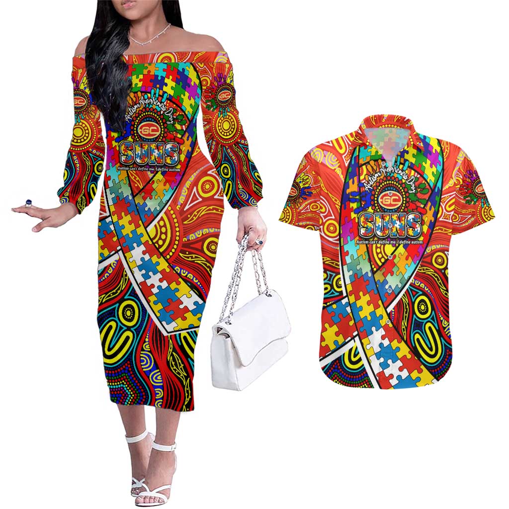 Autism Awareness Australia Gold Coast Suns Couples Matching Off The Shoulder Long Sleeve Dress and Hawaiian Shirt Aboriginal Indigenous Art