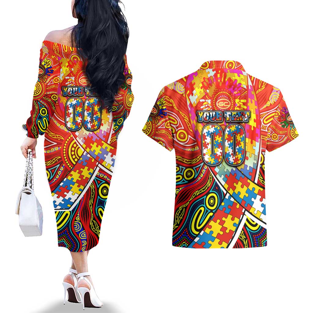 Autism Awareness Australia Gold Coast Suns Couples Matching Off The Shoulder Long Sleeve Dress and Hawaiian Shirt Aboriginal Indigenous Art