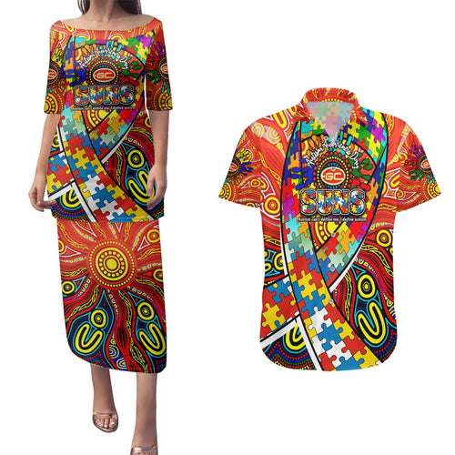 Autism Awareness Australia Gold Coast Suns Couples Matching Puletasi and Hawaiian Shirt Aboriginal Indigenous Art