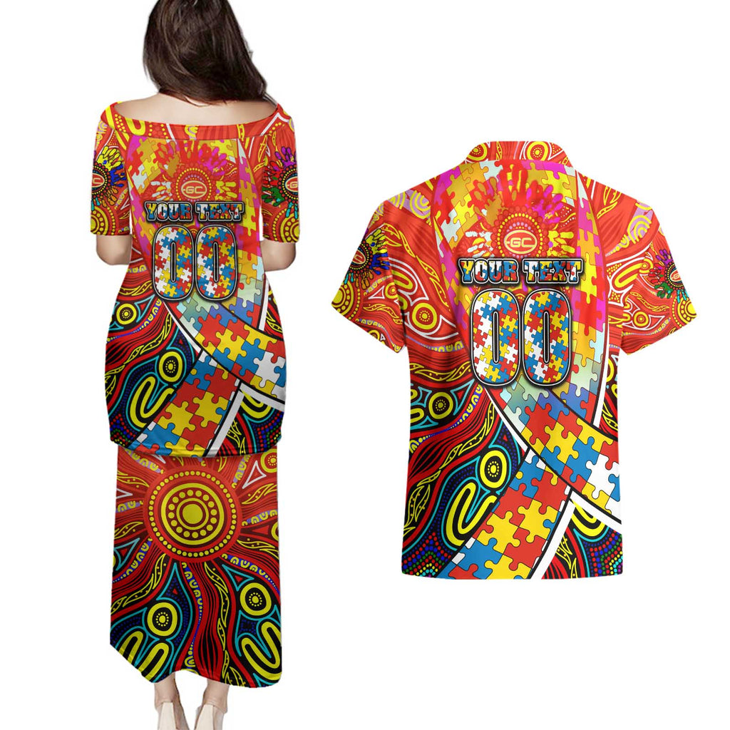 Autism Awareness Australia Gold Coast Suns Couples Matching Puletasi and Hawaiian Shirt Aboriginal Indigenous Art