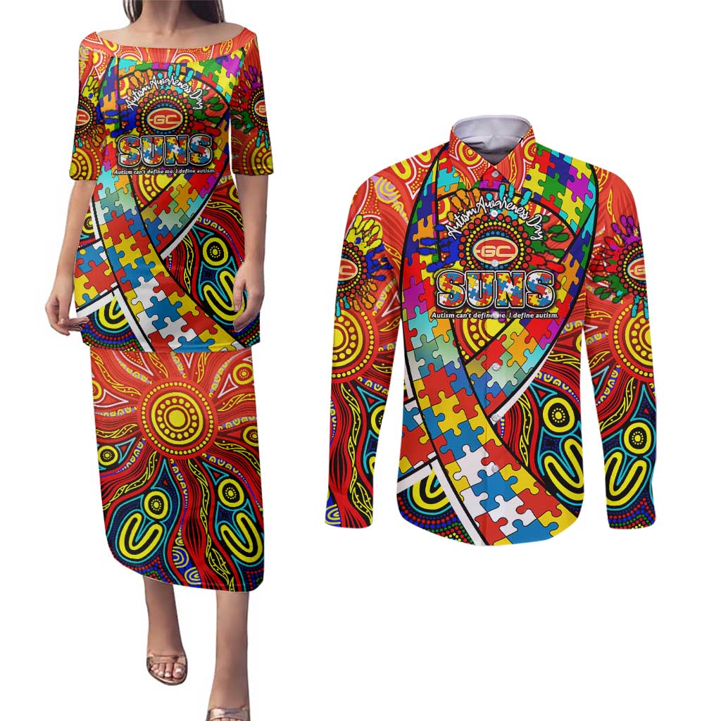 Autism Awareness Australia Gold Coast Suns Couples Matching Puletasi and Long Sleeve Button Shirt Aboriginal Indigenous Art