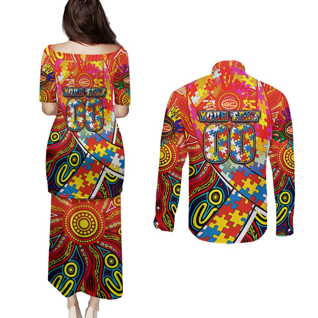 Autism Awareness Australia Gold Coast Suns Couples Matching Puletasi and Long Sleeve Button Shirt Aboriginal Indigenous Art