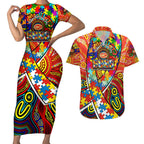 Autism Awareness Australia Gold Coast Suns Couples Matching Short Sleeve Bodycon Dress and Hawaiian Shirt Aboriginal Indigenous Art
