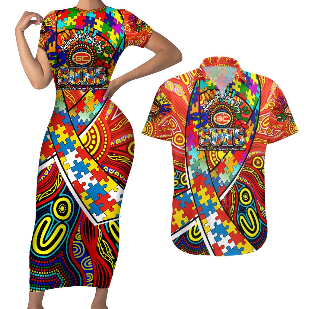 Autism Awareness Australia Gold Coast Suns Couples Matching Short Sleeve Bodycon Dress and Hawaiian Shirt Aboriginal Indigenous Art