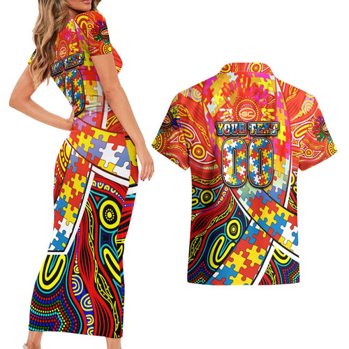 Autism Awareness Australia Gold Coast Suns Couples Matching Short Sleeve Bodycon Dress and Hawaiian Shirt Aboriginal Indigenous Art