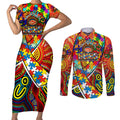 Autism Awareness Australia Gold Coast Suns Couples Matching Short Sleeve Bodycon Dress and Long Sleeve Button Shirt Aboriginal Indigenous Art