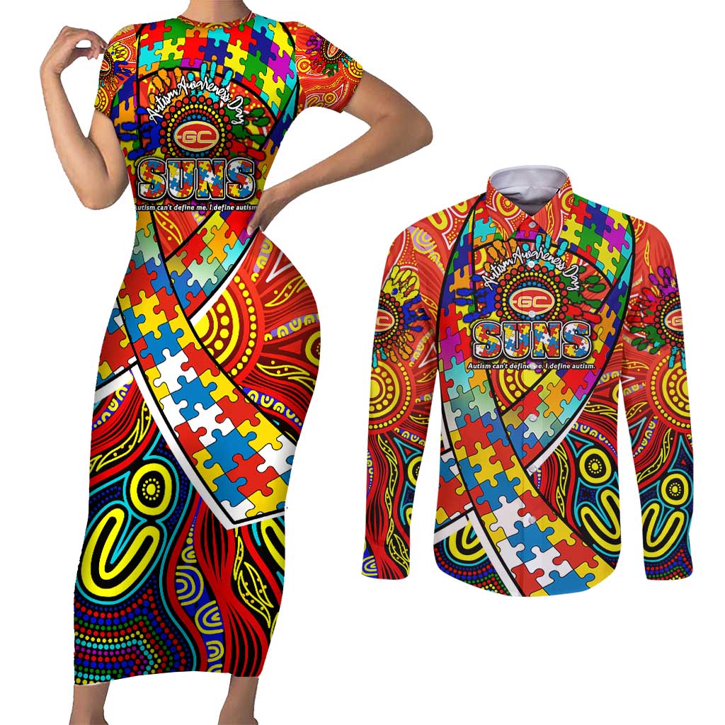 Autism Awareness Australia Gold Coast Suns Couples Matching Short Sleeve Bodycon Dress and Long Sleeve Button Shirt Aboriginal Indigenous Art