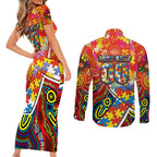 Autism Awareness Australia Gold Coast Suns Couples Matching Short Sleeve Bodycon Dress and Long Sleeve Button Shirt Aboriginal Indigenous Art