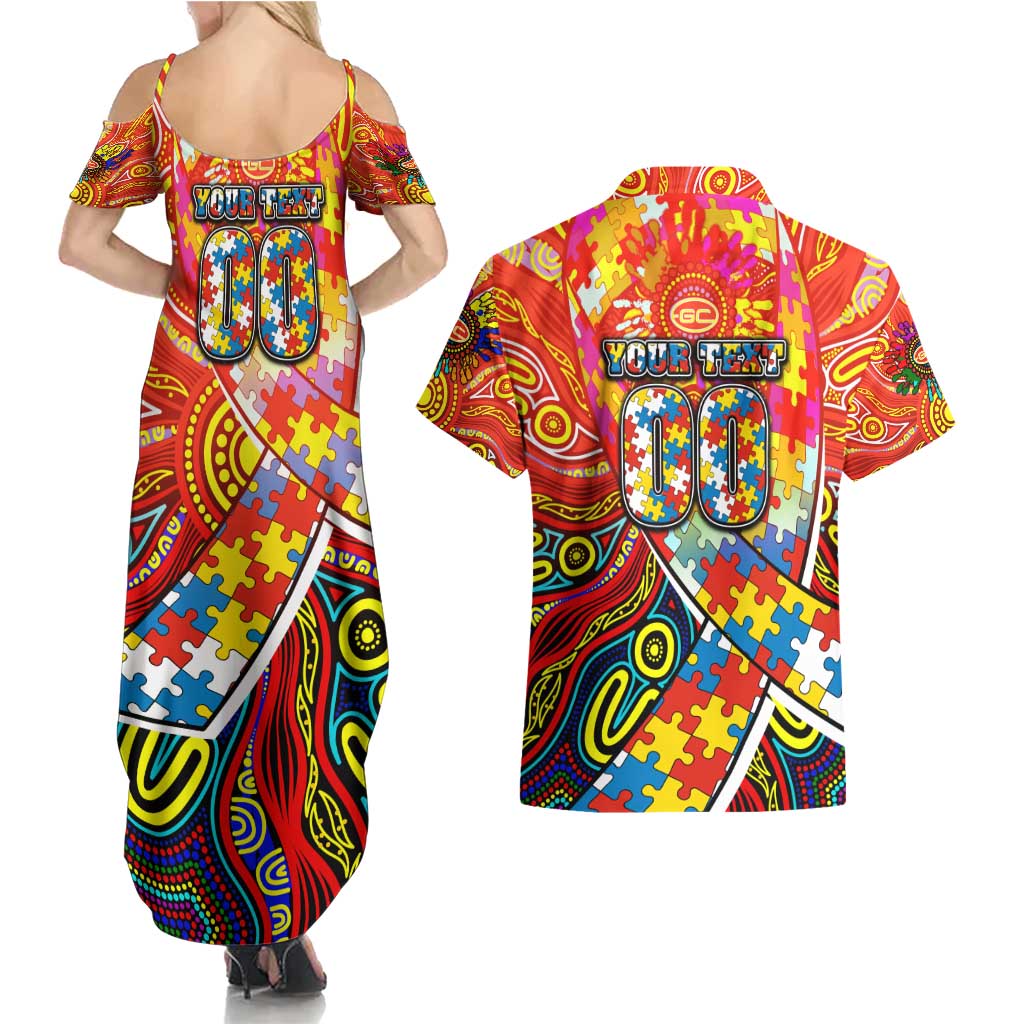Autism Awareness Australia Gold Coast Suns Couples Matching Summer Maxi Dress and Hawaiian Shirt Aboriginal Indigenous Art