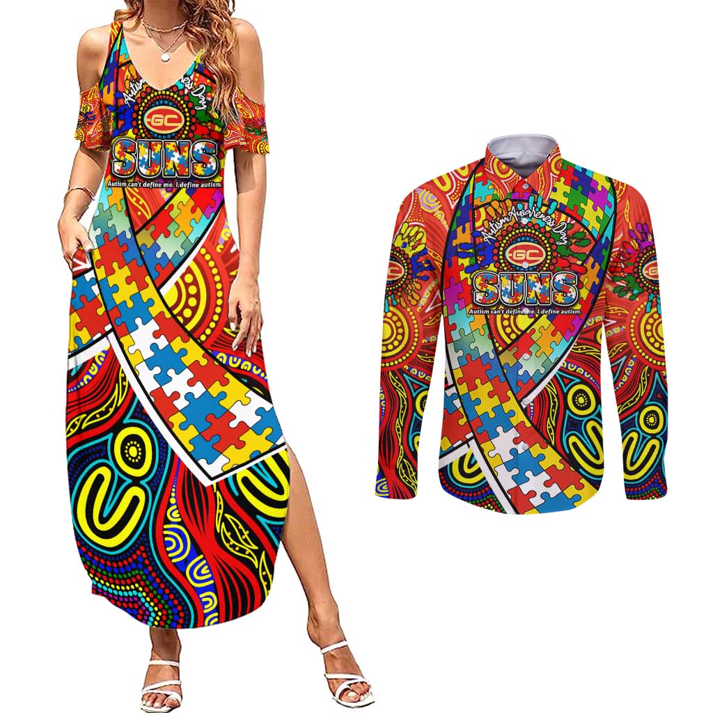 Autism Awareness Australia Gold Coast Suns Couples Matching Summer Maxi Dress and Long Sleeve Button Shirt Aboriginal Indigenous Art