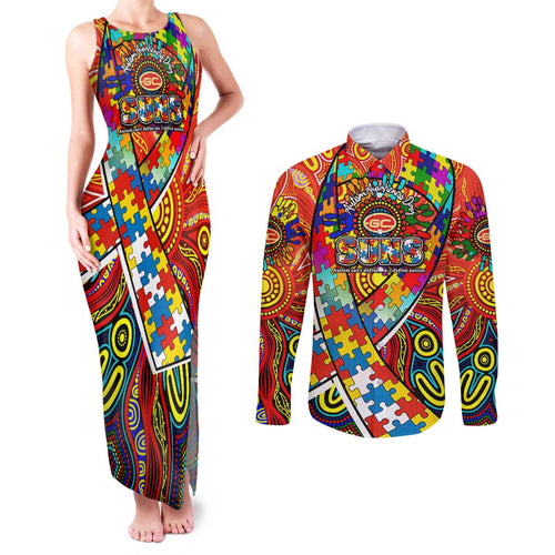 Autism Awareness Australia Gold Coast Suns Couples Matching Tank Maxi Dress and Long Sleeve Button Shirt Aboriginal Indigenous Art