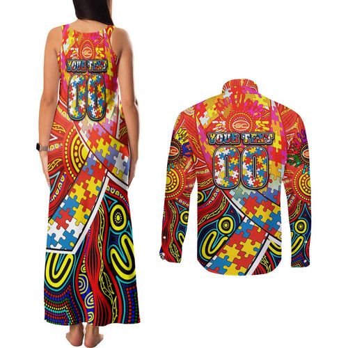 Autism Awareness Australia Gold Coast Suns Couples Matching Tank Maxi Dress and Long Sleeve Button Shirt Aboriginal Indigenous Art