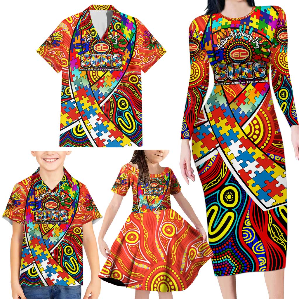Autism Awareness Australia Gold Coast Suns Family Matching Long Sleeve Bodycon Dress and Hawaiian Shirt Aboriginal Indigenous Art