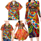 Autism Awareness Australia Gold Coast Suns Family Matching Long Sleeve Bodycon Dress and Hawaiian Shirt Aboriginal Indigenous Art