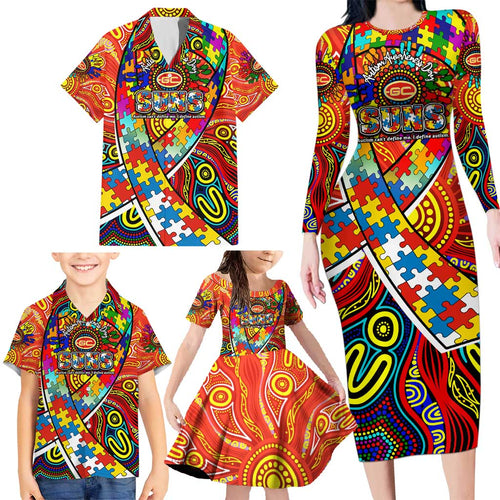 Autism Awareness Australia Gold Coast Suns Family Matching Long Sleeve Bodycon Dress and Hawaiian Shirt Aboriginal Indigenous Art