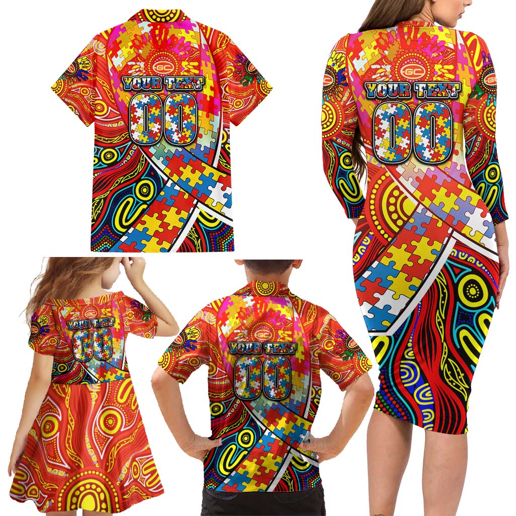 Autism Awareness Australia Gold Coast Suns Family Matching Long Sleeve Bodycon Dress and Hawaiian Shirt Aboriginal Indigenous Art
