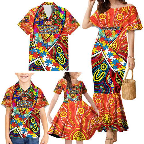 Autism Awareness Australia Gold Coast Suns Family Matching Mermaid Dress and Hawaiian Shirt Aboriginal Indigenous Art
