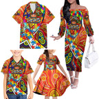 Autism Awareness Australia Gold Coast Suns Family Matching Off The Shoulder Long Sleeve Dress and Hawaiian Shirt Aboriginal Indigenous Art