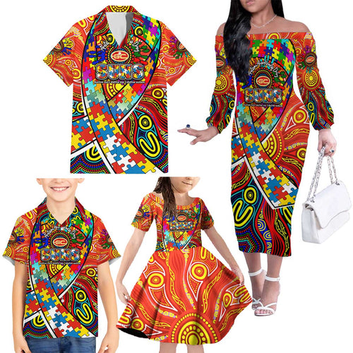 Autism Awareness Australia Gold Coast Suns Family Matching Off The Shoulder Long Sleeve Dress and Hawaiian Shirt Aboriginal Indigenous Art