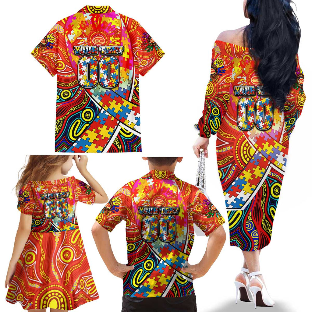 Autism Awareness Australia Gold Coast Suns Family Matching Off The Shoulder Long Sleeve Dress and Hawaiian Shirt Aboriginal Indigenous Art