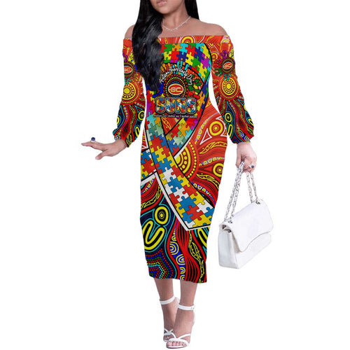 Autism Awareness Australia Gold Coast Suns Family Matching Off The Shoulder Long Sleeve Dress and Hawaiian Shirt Aboriginal Indigenous Art