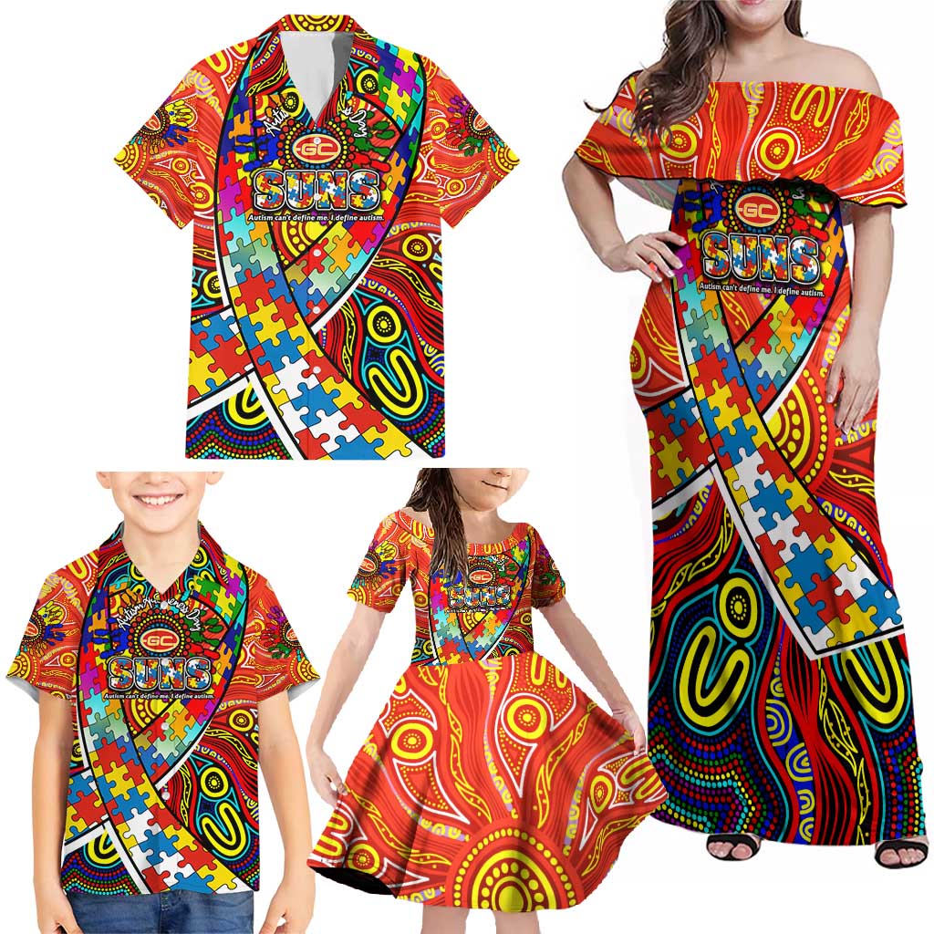 Autism Awareness Australia Gold Coast Suns Family Matching Off Shoulder Maxi Dress and Hawaiian Shirt Aboriginal Indigenous Art