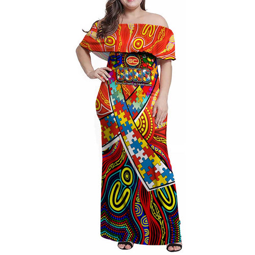 Autism Awareness Australia Gold Coast Suns Family Matching Off Shoulder Maxi Dress and Hawaiian Shirt Aboriginal Indigenous Art