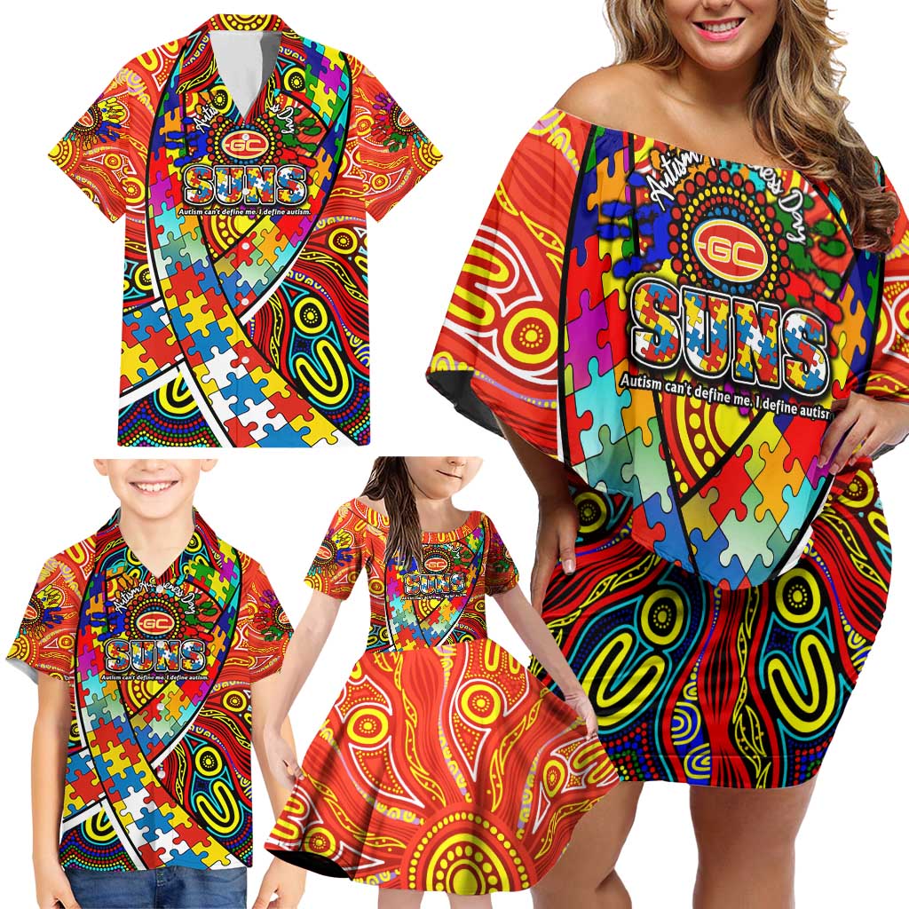 Autism Awareness Australia Gold Coast Suns Family Matching Off Shoulder Short Dress and Hawaiian Shirt Aboriginal Indigenous Art