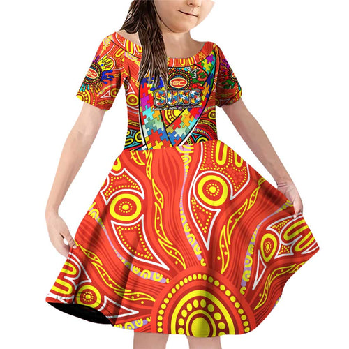 Autism Awareness Australia Gold Coast Suns Family Matching Off Shoulder Short Dress and Hawaiian Shirt Aboriginal Indigenous Art