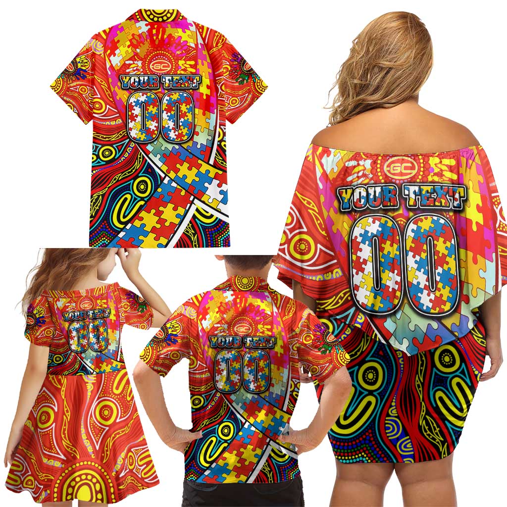 Autism Awareness Australia Gold Coast Suns Family Matching Off Shoulder Short Dress and Hawaiian Shirt Aboriginal Indigenous Art