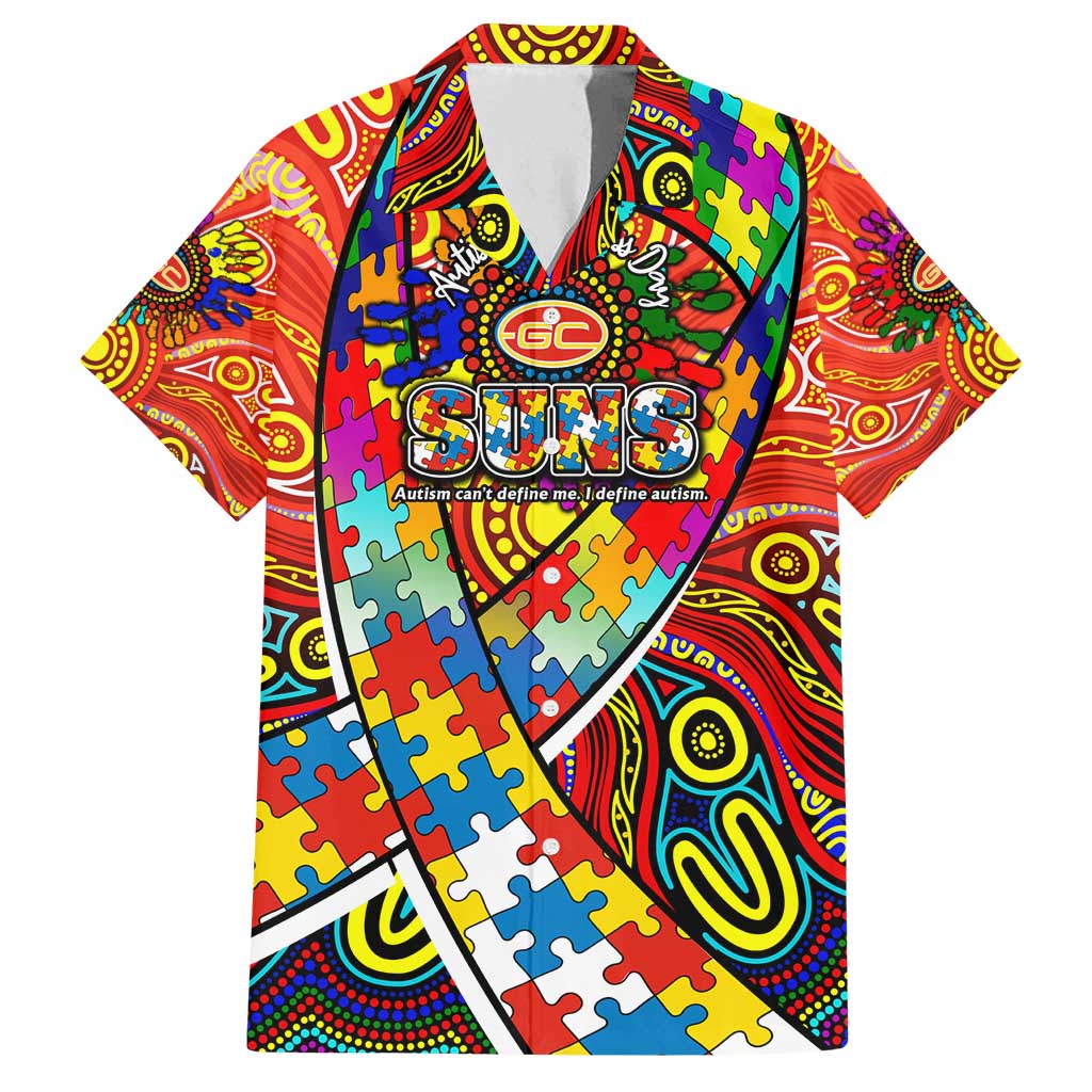 Autism Awareness Australia Gold Coast Suns Family Matching Off Shoulder Short Dress and Hawaiian Shirt Aboriginal Indigenous Art