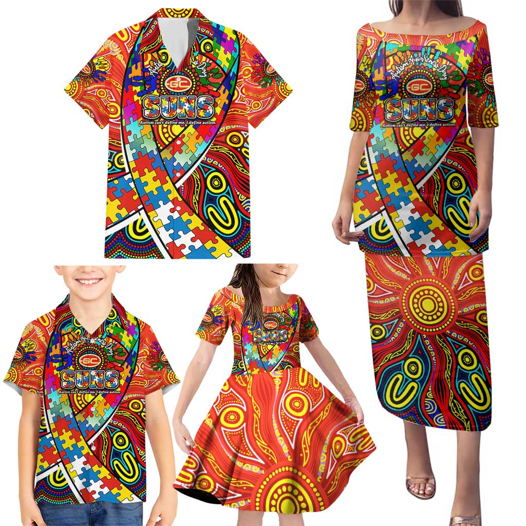 Autism Awareness Australia Gold Coast Suns Family Matching Puletasi and Hawaiian Shirt Aboriginal Indigenous Art
