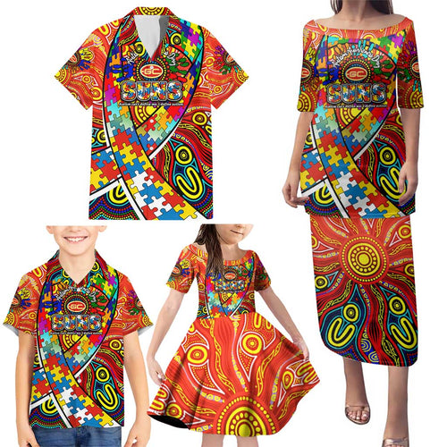 Autism Awareness Australia Gold Coast Suns Family Matching Puletasi and Hawaiian Shirt Aboriginal Indigenous Art