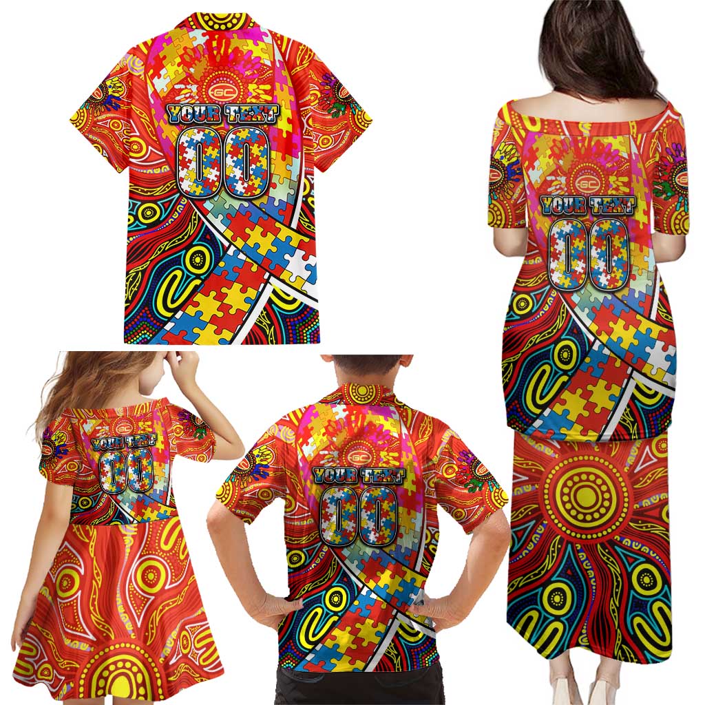 Autism Awareness Australia Gold Coast Suns Family Matching Puletasi and Hawaiian Shirt Aboriginal Indigenous Art