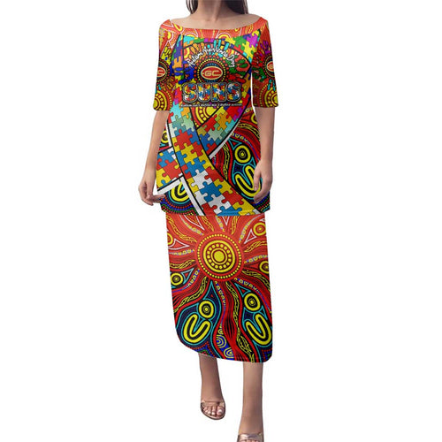 Autism Awareness Australia Gold Coast Suns Family Matching Puletasi and Hawaiian Shirt Aboriginal Indigenous Art