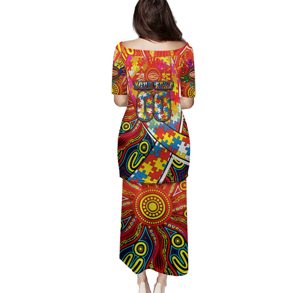 Autism Awareness Australia Gold Coast Suns Family Matching Puletasi and Hawaiian Shirt Aboriginal Indigenous Art