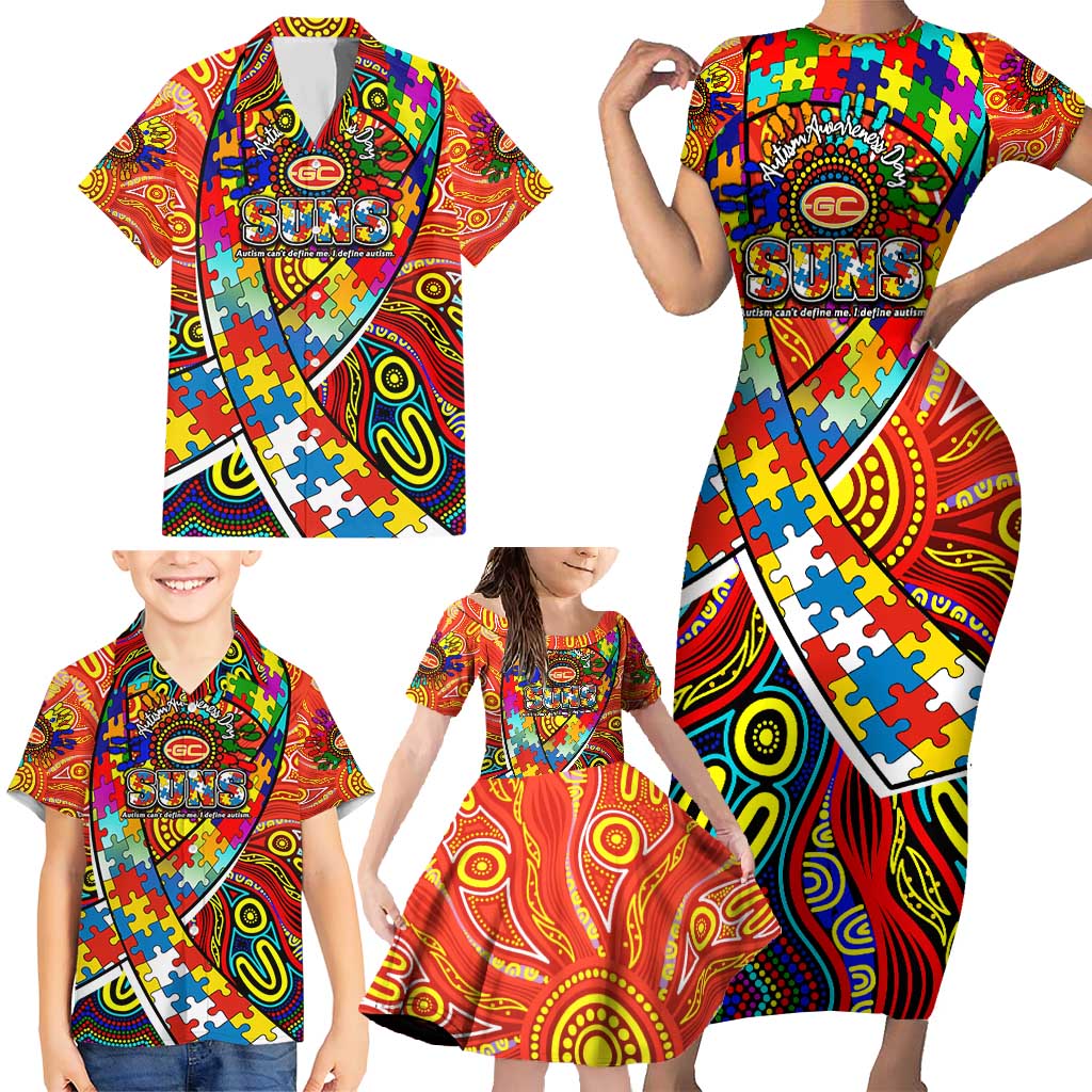 Autism Awareness Australia Gold Coast Suns Family Matching Short Sleeve Bodycon Dress and Hawaiian Shirt Aboriginal Indigenous Art